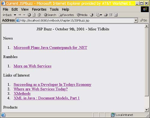 CDATA[
Notice that we have the scriptlet code embedded within a <![CDATA[ block. This is required because our scriptlet code has the < sign. We have to embed the code within the CDATA block so Tomcat can successfully parse this JSP XML file. Without the CDATA block, the parser would try to interpret the < time_accessed) statement as an element.
The overall scriptlet code is simple for our page:
long startProcess = date.longValue(); Calendar currentDate = Calendar.getInstance(); long time_accessed = currentDate.getTime().getTime();
The code first gets the next update time stored in the previous scriptlet block, and then gets the current time the JSP page is running:
if (startProcess < time_accessed) { out.clear(); RequestDispatcher rd = null; rd = application.getRequestDispatcher("/chapter15/RegenerateBuzz.jsp"); rd.forward(request,response); } A check is done to see whether it's past the update time. If so, the code clears the buffer and forwards the user to the RegenerateBuzz.jsp page.
When the RegenerateBuzz.jsp page runs, it will store the data of the Web service request between the <div> block:
<body> <div></div> </body>
On a more complicated page, we would assign an id attribute to the <div> blocks so the Dynamic JSP process could insert the data at the proper place with this page.
The basic logic flow of this page is simple: Check the update time, verify whether it's time to update, and, if so, call the update process.
The next step is to build a separate JSP page that will modify the JSPBuzz.jsp page. This file, shown in Listing 15.2, should be saved as webapps/xmlbook/chapter15/RegenerateBuzz.jsp.
<%@ page import="java.util.Calendar, xmlbook.chapter14.*, java.io.*, java.text.DateFormat, java.util.*, org.jdom.Document, org.jdom.Element, org.jdom.input.SAXBuilder, org.jdom.Namespace, org.jdom.output.XMLOutputter" %> <% /* Initialize our information */ Calendar currentDate = Calendar.getInstance(); String jsppath = application.getRealPath("chapter15/JSPBuzz.jsp"); SAXBuilder builder = new SAXBuilder(); Document doc = builder.build(new File(jsppath)); Element root = doc.getRootElement(); Namespace ns_jsp = root.getNamespace(); /* update statistics*/ Element pagestats = root.getChild("html") .getChild("head") .getChild("PageStats"); String date = DateFormat.getDateInstance().format(currentDate.getTime()); pagestats.getAttribute("LastUpdate").setValue(date); /* Determine and save next update time*/ String updateCycle = pagestats.getAttribute("UpdateCycle").getValue(); if (updateCycle == null) updateCycle = "1"; int adddays = Integer.parseInt(updateCycle); currentDate.add(Calendar.DATE, adddays); date = DateFormat.getDateInstance().format(currentDate.getTime()); pagestats.getAttribute("NextUpdate").setValue(date); Element timescript = root.getChild("html") .getChild("head") .getChild("PageStats") .getChild("scriptlet",ns_jsp); long nexttime = currentDate.getTime().getTime(); timescript.setText("Long date = new Long(\"" + nexttime + "\");"); /* Get the current JSPBuzz data and build listing section*/ String ls_wsdl = "http://localhost:8080/xmlbook/chapter14/JspBuzz.wsdl"; BuzzServiceCall bsc = new BuzzServiceCall(ls_wsdl); Element div = root.getChild("html") .getChild("body") .getChild("div"); /* remove all old data within the element */ String buzz = "<div>" + bsc.getBuzz() + "</div>"; Document buzzdoc = builder.build(new StringReader(buzz)); Element buzzroot = buzzdoc.getRootElement(); div.setText(null); List divcontents = div.getChildren(); divcontents.addAll(buzzroot.getChildren()) ; /* Re write out the JSPBuzz.jsp page*/ FileOutputStream writejsp = new FileOutputStream(jsppath); XMLOutputter formatxml = new XMLOutputter(); formatxml.output(doc, writejsp); /* reforward the page to display the JSPBuzz.jsp results. */ out.clear(); RequestDispatcher rd = null; rd = application.getRequestDispatcher("/chapter15/JSPBuzz.jsp"); rd.forward(request,response); %> Although this page will be called automatically, it can also be called manually. The example will use JDOM as the XML Java API.
The first step is to initialize our data:
Calendar currentDate = Calendar.getInstance(); String jsppath = application.getRealPath("chapter15/JSPBuzz.jsp"); SAXBuilder builder = new SAXBuilder(); Document doc = builder.build(new File(jsppath)); Element root = doc.getRootElement(); Namespace ns_jsp = root.getNamespace(); We get the current time and then find our JSP page and read it in as a JDOM Document object. Because this JSP page will be using the JSP namespace, we also need to get a handle to the JSP namespace.
The next step is to update our user statistics:
Element pagestats = root.getChild("html") .getChild("head") .getChild("PageStats"); String date = DateFormat.getDateInstance().format(currentDate.getTime()); pagestats.getAttribute("LastUpdate").setValue(date); We get a handle to our PageStats element and then stash the date of the update within the LastUpdate attribute.
The next step determines when the next update is to occur and saves the results back to the NextUpdate attribute and the JSP scriptlet:
String updateCycle = pagestats.getAttribute("UpdateCycle").getValue(); if (updateCycle == null) updateCycle = "1"; int adddays = Integer.parseInt(updateCycle); currentDate.add(Calendar.DATE, adddays); date = DateFormat.getDateInstance().format(currentDate.getTime()); pagestats.getAttribute("NextUpdate").setValue(date); Element timescript = root.getChild("html") .getChild("head") .getChild("PageStats") .getChild("scriptlet",ns_jsp); long nexttime = currentDate.getTime().getTime(); timescript.setText("Long date = new Long(\"" + nexttime + "\");"); Notice that we are changing the JSP code within the JSPBuzz.jsp page. This opens up all sorts of powerful techniques. In this case, we are easily storing the next update time as a Long. After this value is stored in the scriptlet, we can have another scriptlet logically check the time and react accordingly. In the JSPBuzz.jsp pages case, it calls this process.
The next step is to call our actual Web service:
/* Get the current JSPBuzz data and build listing section*/ String ls_wsdl = "http://localhost:8080/xmlbook/chapter14/JspBuzz.wsdl"; BuzzServiceCall bsc = new BuzzServiceCall(ls_wsdl);
The code then gets a handle to the <div> block:
Element div = root.getChild("html") .getChild("body") .getChild("div"); Then the code takes the Web service results and translates the data into another JDOM Document object:
String buzz = "<div>" + bsc.getBuzz() + "</div>"; Document buzzdoc = builder.build(new StringReader(buzz)); Element buzzroot = buzzdoc.getRootElement();
In creating the Document object, we perform a little prep work. In this case, the code properly enclosed the Web service call results within a <div> block. This was done because the Web service call returned an HTML rather than an XML statement. By adding the <div> blocks, we created a root element for the data so that it was a true XML fragment.
The code then empties out the current JSPBuzz.jsp <div> element with a setText call:
div.setText(null);
By using setText(null), the entire contents of the <div> block are wiped and emptied of data.
Then we take the data from the Web service call and append it to the JSPBuzz Document object:
List divcontents = div.getChildren(); divcontents.addAll(buzzroot.getChildren()) ;
This is accomplished by using the List functions that JDOM exposes.
The last step is to write the data back out. More specifically, the code overwrites the old JSPBuzz.jsp file with the modified one we created in the JSPBuzz Document object:
FileOutputStream writejsp = new FileOutputStream(jsppath); XMLOutputter formatxml = new XMLOutputter(); formatxml.output(doc, writejsp); /* reforward the page to display the JSPBuzz.jsp results. */ out.clear(); RequestDispatcher rd = null; rd = application.getRequestDispatcher("/chapter15/JSPBuzz.jsp"); rd.forward(request,response); When finished, we forward the request to the JSPBuzz.jsp page. This request will cause the page to be accessed, and the JSP container will recompile the page and show the user the new results.
Now what would happen if the code tried to place the result of the JSPBuzz feed directly into the JDOM document using setText? The code would look like this:
div.setText(bsc.getBuzz());
This seems simple enough. If we were to run the page, the result in the JSPBuzz.jsp page would appear as follows:
<div><div> <p class="12ptBold" align="center"> JSP Buzz - October 9th, 2001 - Misc Tidbits</p> <div class="10ptBold">News</div> <ol> <li> etc etc more string data
JDOM will treat the string as text data, not as XML elements. This means that all the data is properly encoded to be a text result. This includes converting < to < and > to >, not a result we desire. When dealing with XML data, we need to be careful. In Java APIs such as JDOM and dom4j, XML fragments are text. We need to convert all XML fragments to Document objects and then merge the results.
When this runs, you will see the results shown in Figure 15.1.
![graphics/15fig01.jpg